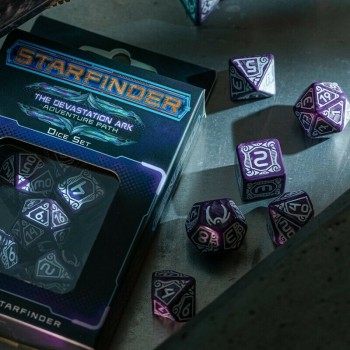 Starfinder Devastation Ark kauliukų rinkinys (violetinės ir baltos sp.)